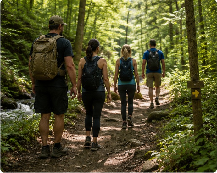 A mixed group hiking together through the woods