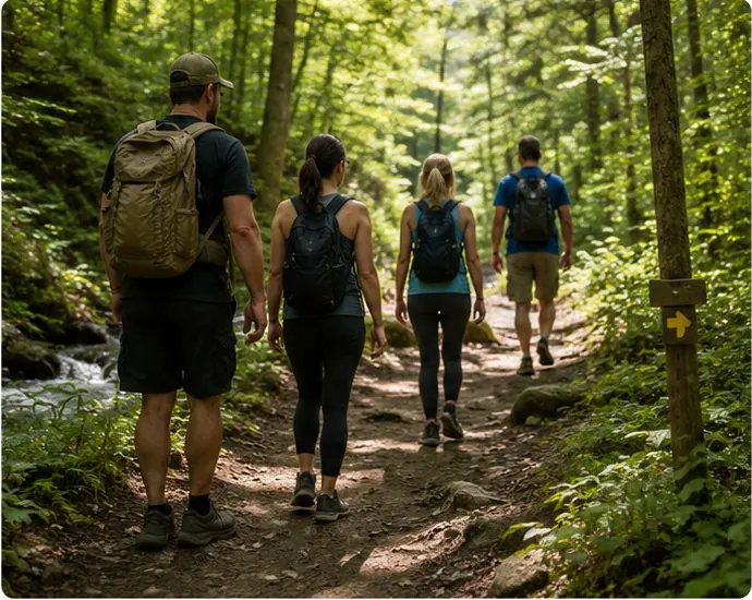 A group hiking together on a forest trail